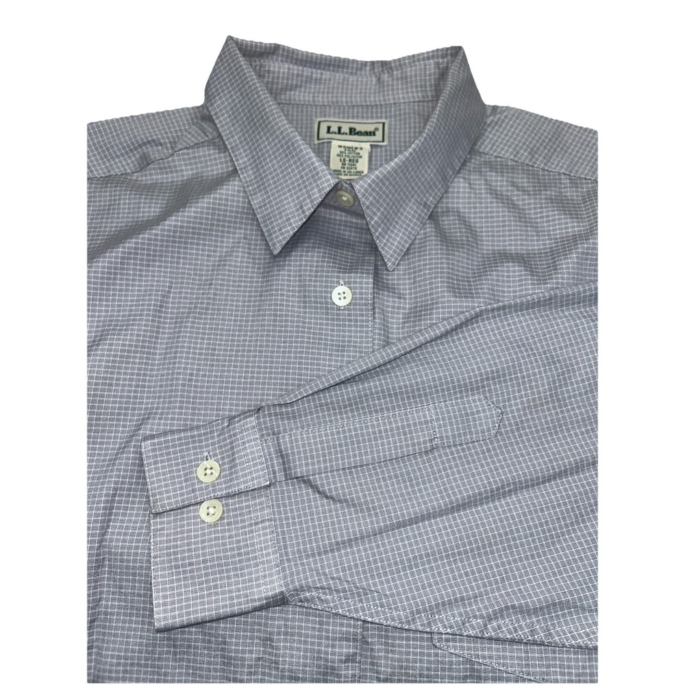 LL Bean Womens Long Sleeve Button Up Checkered Shirt Gray White Large Regular